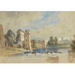 British School, 19th century- Desmond Castle, Adare; watercolour on grey coloured paper heightened
