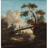 Follower of Jan Wijnants, Dutch 1632-1684- Figure on a wooden bridge with woodland and a river