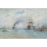 William Joy, British 1803-1867- HMS Vincent in Portsmouth Harbour; watercolour, signed with monogram