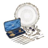 A group of items including: a cased set of silver cruets, Birmingham, c.1924, Ernest Druiff & Co., a