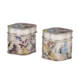 Two Asian silver trinket boxes, of quatrefoil form, decorated with brightly enamelled butterflies,
