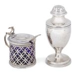 A George III silver and blue glass mustard pot, by Andrew Fogelberg, London, c.1770, with