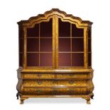 A Dutch floral marquetry display cabinet on chest, 19th Century, the shaped moulded cornice above