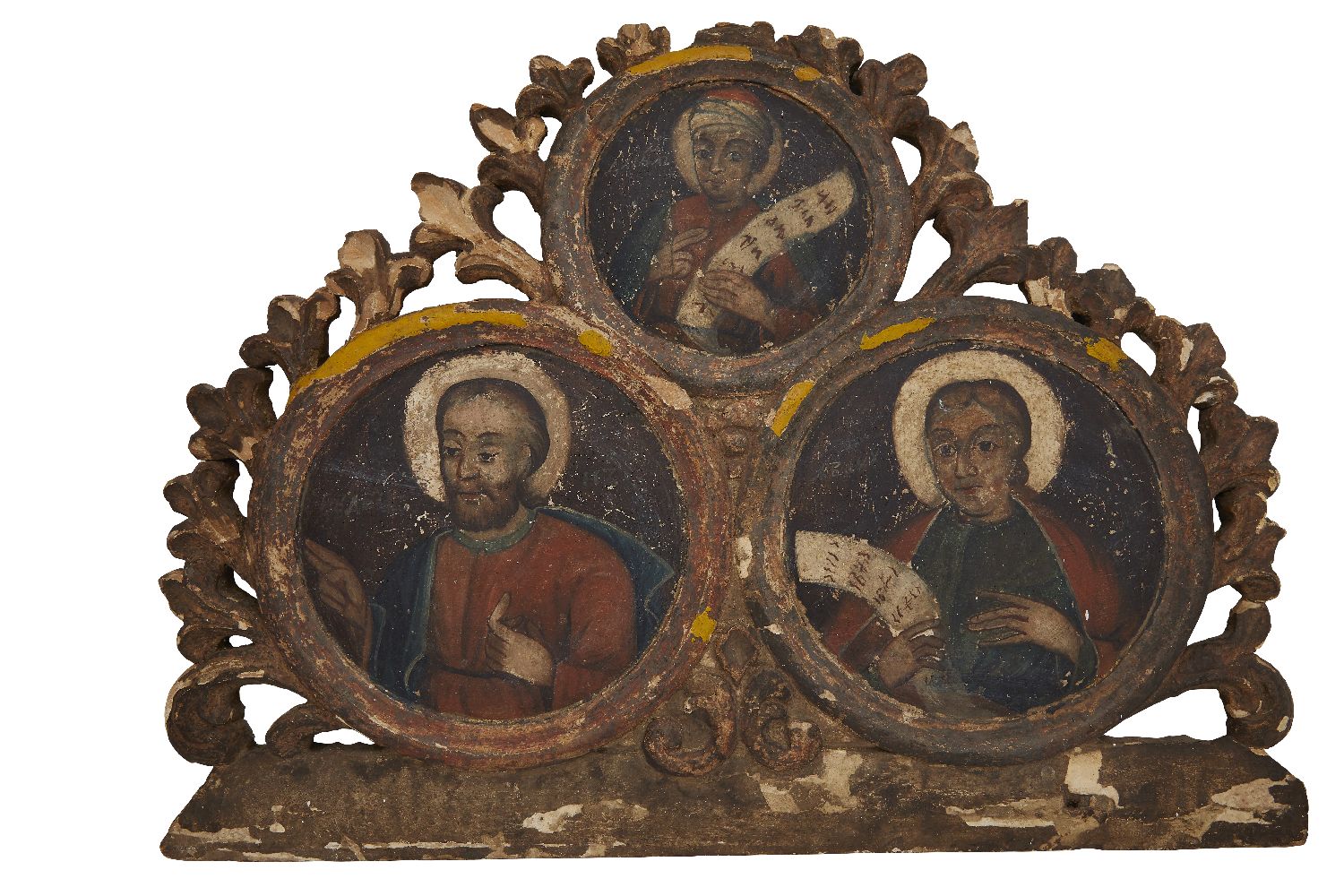 A pierced gesso and painted wood overmantel panel, 18th/19th century, with three roundels occupied
