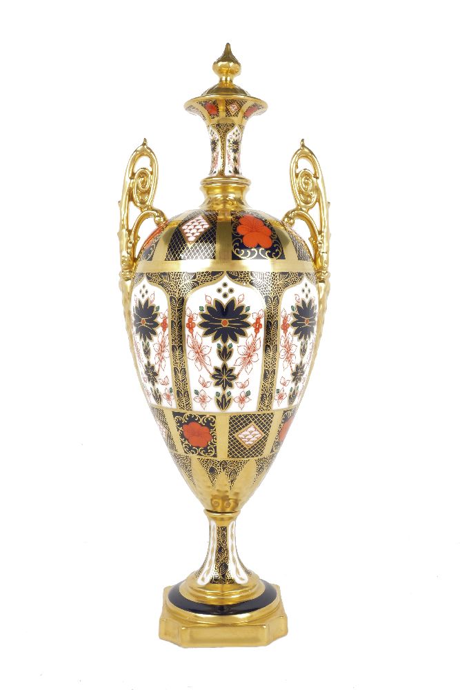 A Royal Crown Derby porcelain twin handled vase, 20th century, decorated in the Imari palate,