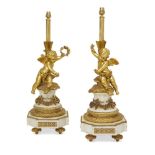 A pair of gilt bronze and white marble candelabra bases, in the Louis XVI style, 19th century, later
