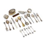 Five silver Christening spoon sets, together with a set of six coffee spoons with cultured pearl