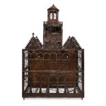 A large wirework bird cage, of architectural form, late 19th/20th century, with an octagonal form