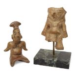 Two Pre-Columbian terracotta figures, one of a female with face, torso and lower body, wearing a
