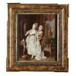 A Dresden porcelain still life painting of a lady at her toilet by L Sturm, 19th century,