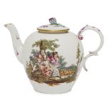 A Hochst porcelain tea pot and cover, mid/late 18th century, of globular form with c scroll handle