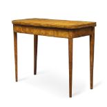 A George III satinwood crossbanded and line inlaid card table, the fold over top enclosing grey