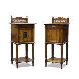 A near pair of Edwardian mahogany and parcel gilt bedside cupboards by Gillow & Co, the square