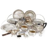 A quantity of silver plate, including four large circular dishes, each raised on a circular foot,