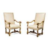 A pair of Louis XIII style 'Os de Mouton' walnut armchairs, 20th Century, upholstered in cream