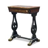 A Chinoiserie black and red lacquer side table, 19th Century, overall decorated with figural