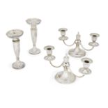 Two pairs of silver candlesticks, one pair of low, twin candelabra design, Sheffield, c.1905,