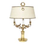 A Continental Empire style three branch bouillotte lamp, mid/late 20th century, the three swan