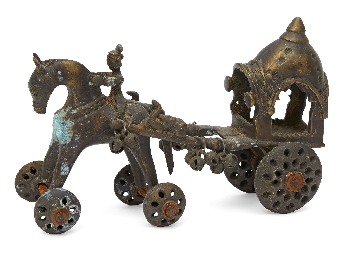 A Tribal bronze model of a horse and cart, 20th century, the cart with a domed cover, on pierced