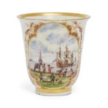An early Meissen tall beaker, 18th century, with a gilt line to the slightly everted rim,