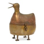 An Indian betel nut box, 20th century, moulded in the form of a bird, on four feet, 23cm