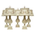 A set of five cream and gilt painted toleware style lamps, of recent design, of baluster shape