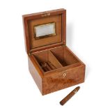 A quarter veneered burr wood humidor, 20th century, 15.5cm high x 24.5cm wide x 22.5cm deep, with