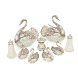 Six German silver-mounted cut glass swan salts and bonbon dishes, two larger, four smaller, each
