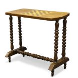 A Victorian walnut and inlaid games table, the rounded rectangular top inlaid with chessboard, on