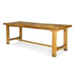 A large elm refectory table, second half 20th Century, the rectangular two plank top, raised on