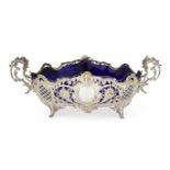 An early twentieth century German silver blue glass lined dish, Lazarus Posen, stamped 800, the