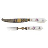 A Meissen mounted porcelain and steel knife and fork, 18th century, the porcelain decorated with