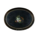 A large Victorian papier mache oval tray, decorated to the centre with a spray of fruit and