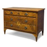 A North Italian walnut and marquetry inlaid commode, 18th Century, the rectangular top centred by