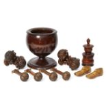 Four turned treen wooden curtain tie backs, late 19th/early 20th century, the tops carved in the