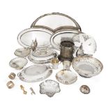 A large silver plated tray, with pierced sides, together with a number of silver plated items