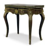 A Napoleon III ebonised and Boulle work card table, late 19th Century, with serpentine fold over