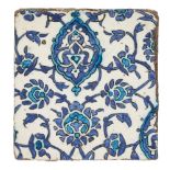 A Damascus underglaze painted pottery tile, Syria, 17th century, decorated in cobalt, turquoise