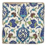 A Damascus underglaze painted pottery tile, Syria, 17th century, of square form, decorated in