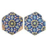 Two Timurid cuerda seca pottery tiles, Samarkand, early 15th century, of hexagonal shape, moulded,