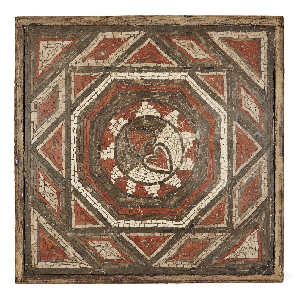 A Roman-style mosaic, 19th/20th, century, the black, white and red tesserae composed into a