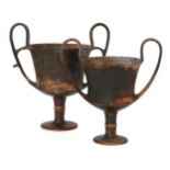 Two Boeotian black glazed kantharoi, circa 5th Century B.C., carinated towards the base, on a