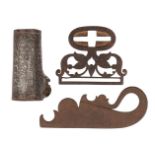 Three steel elements, a belt buckle, a flint strike and a powder flask, Safavid Iran, 17th