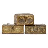 Three Ottoman engraved and silver inlaid brass caskets, Egypt or Syria, 18th - 19th century, each of