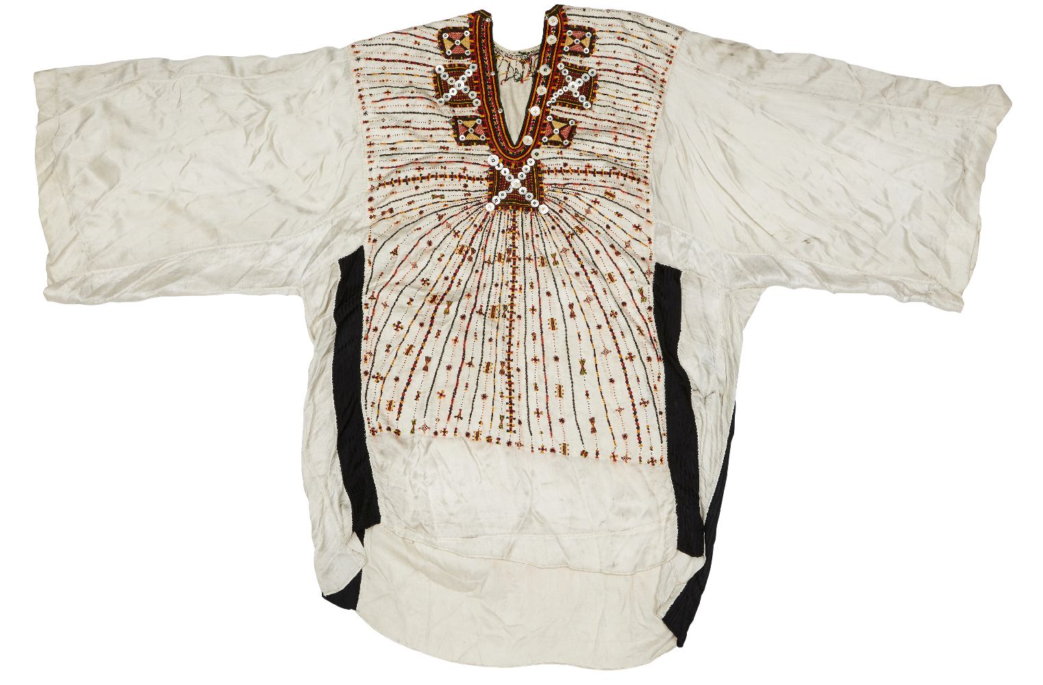 An embroidered silk robe, Egypt, 19th century, of white silk with button and green orange and yellow
