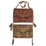 Two gilt metal thread embroidered velvet purses, Ottoman Turkey, late 19th/early 20th century,