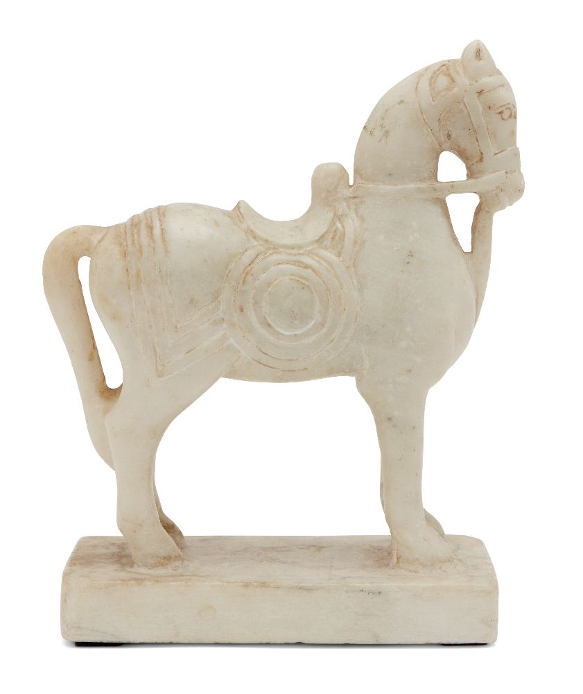 A white marble standing horse on plinth, possibly Kishangargh, India, 19th century, with