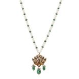 A diamond and emerald necklace with floral pendant, India, 20th century, the gold pendant with a