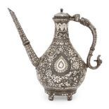 A Mughal bidri silver-inlaid ewer, Deccan, India, 19th century, the ewer with drop-shaped body