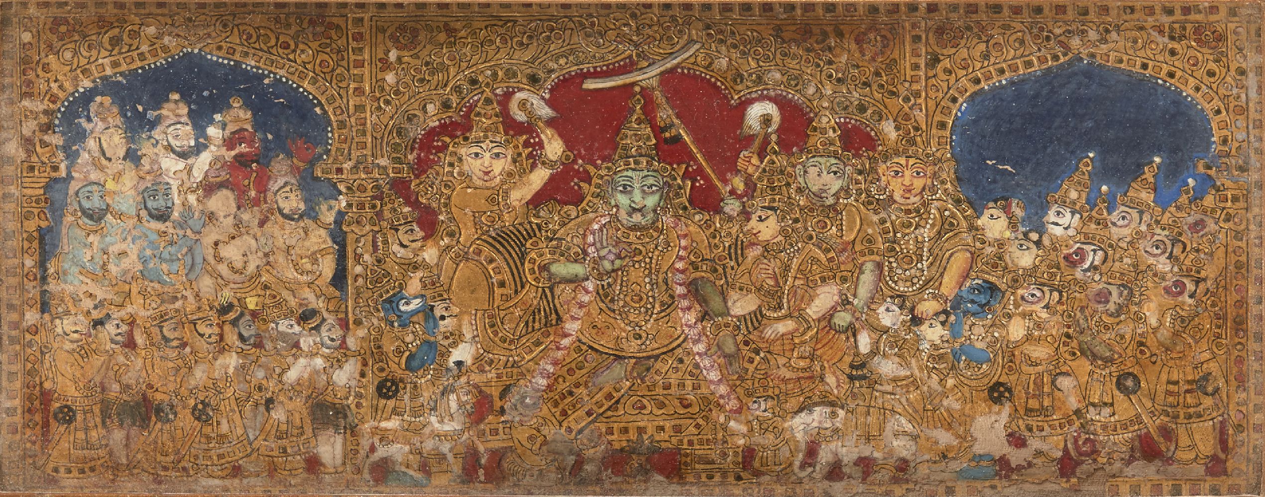 A small devotional image of Hanuman and worshippers, Tanjore, late 18th-early 19th century, opaque